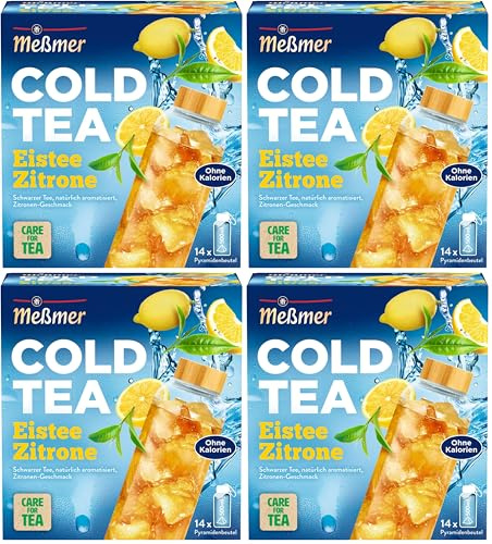 Meßmer Cold Tea Eistee Zitrone | Für die Wasserflasche | ohne Zucker | ohne Kalorien | Alternative zu zuckerhaltigen Getränken wie Limonade oder Saft | 14 Pyramidenbeutel (Packung mit 4)