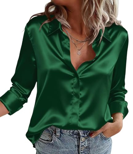 Zeagoo Blusa de Satén para Mujer Cuello en V Camisas Elegante Blusas Verde L