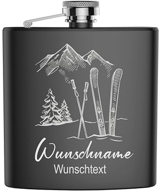 Edelstahl Flachmann SKI mit persönlicher Namens Gravur | Geschenk Wandern Klettern Bergsteiger Ski Fahrer Urlaub