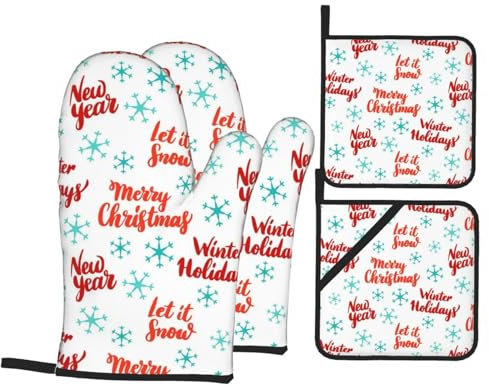 Ofenhandschuhe und Topflappen-Set, Neujahrsbeschriftung, hitzebeständig, Küchen-Backhandschuhe, rutschfeste Oberfläche zum Kochen, Backen, Grillen, Grillen