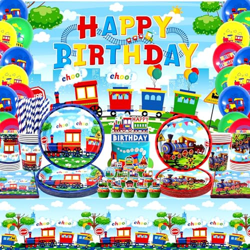 Train Party Decorations , Includes Happy Birthday Backdrop, Plates, Cupcake Toppers, Napkins, Cups, Tablecloths, for Train Party Vehicle Party Supplies (Backdrop)