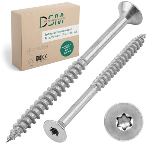 DSM ? Skruvar för spånskivor 4 x 50 mm ? Rostfritt stål A2/V2A rostfritt ? med försänkt huvud och TX-drivning ? med ETA-godkännande? Träskruvar med partiell gänga? Träbyggskruv? Universalskruvar? 100