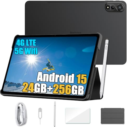 Blackview Mega2 12 Zoll Tablet Android 15, 24GB+256GB/2TB Erweiterung, 2.4K FHD+ Gaming Tablet, 4G LTE 5G WiFi, 16MP+8MP, 9000mAh, PC Mode, Hülle&Intelligenter Stift, 2 Jahre Garantie, Schwarz