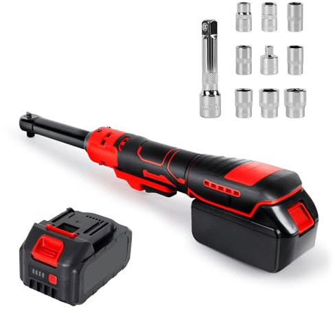 JOJOCY 3/8 Akku-Ratschenschrauber mit 21V Batterie, Elektro-Ratschenschrauber 80N.m 320RPM Aufladbarer elektrischer Ratchet Treiber Set mit 8 Steckdosen & 1/4 Adapter