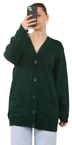 Womens Grandad Cardigan, Ladies Plain V Neck Long Sleeve Open Front 5 Button Longline Oversized with 2 Front Pockets Knitted Sweater UK Plus Size 8-26