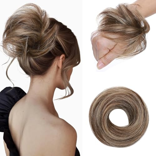 Benehair Human Hair Messy Bun Straight Hair Scrunchies for Women Elastic Hair Bun Hairpiece Donut Accessories #4/27 Medium Brown Mix Dark Blonde 17g
