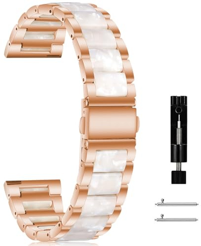 CeiBand metallarmband kompatibelt med 18 mm 22 mm 20 mm, lätt konstharts och metallklockarmband, ersättningsarmband för män och kvinnor – (18 mm rosa vit)