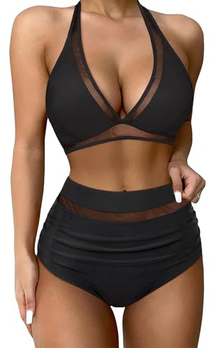 Risipu High Waisted Bikini Set Tummy Control Swimwear, High Waist Bikini Sets for Women UK, Push Up Bikinis 2 Piece Swimsuit Woman Ladies (UK, Alpha, S, Regular, Regular, Black)
