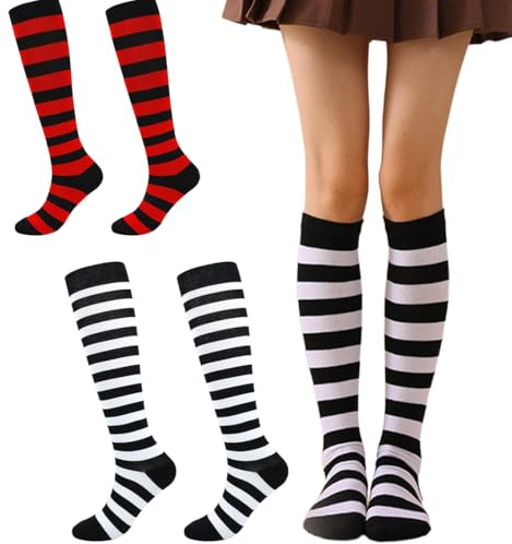 2 Pares Calcetines Largos Mujer, Extra Largos Calcetines Hasta la Rodilla Sobre la Rodilla Medias Hasta el Muslo, Calcetines de Rayas, Algodón para Mujer Calcetines Largos Calcetines Altos Muslo