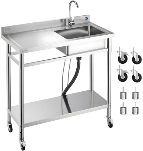 VEVOR Évier cuisine utilitaire en acier inoxydable, évier professionnel cuve unique avec roulettes, robinet et tuyau d'eau chaude et froide, établi pour garage, restaurant, buanderie 1000x500x1055 mm