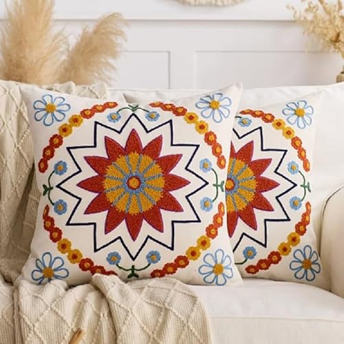 KITTMIN Boho Throw Pillows,18x18 Accent Throw Pillow Covers,Bohemian Embroidered Textured Cushion Case,Sunflower Decorative Farmhouse Pillowcase for Couch Sofa Bedroom Living Room Home Decor Orange