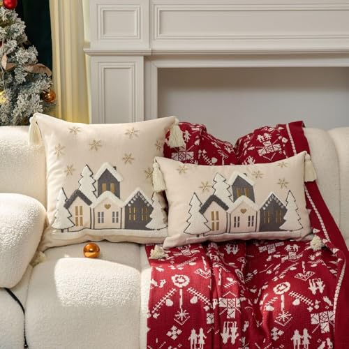 JIABAOZ Set di 2 Federe per Cuscini Natalizi, Federa Natale Decorativo, Lino Cotone con Ricamo Forma di Albero e Fiocco Neve, per Divano, Divano Letto, Stile (Beige)