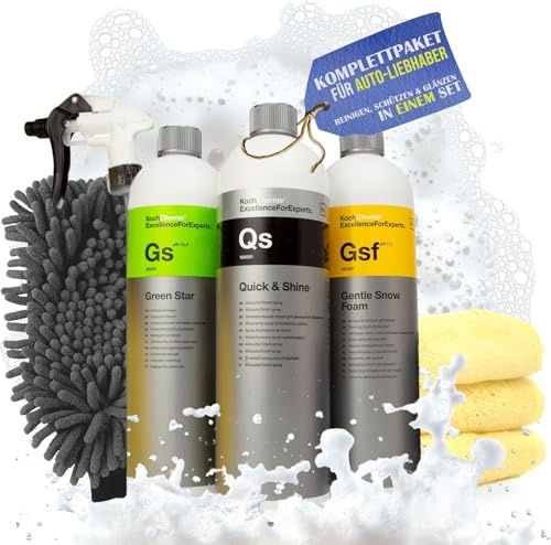 Koch Chemie Autopflegeset mit Green Star, Gentle Snow Foam & Quick & Shine (3x1L). Inkl. 3 Mikrofasertücher, Sprühkopf & Waschhandschuh für Auto Detailing.