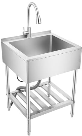 Stainless Steel Utility Sink, Free Standing Laundry Sink with Storage Shelf & Faucet, Single Bowl Kitchen Sinks Laundry Tub for Kitchen, Restaurant, Hotel, Cafe, Bar, Laundry 25 X 22.05X 34.25