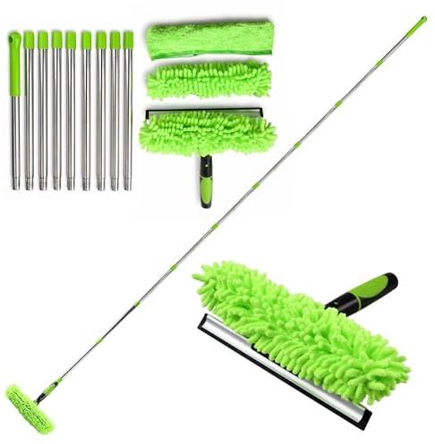 4.25M Window Cleaning Pole, 2-in-1 Telescopic Window Cleaner Kit with Squeegee & Microfiber Cloth, Extendable Long Reach Window Cleaning Equipment for Outdoor High Windows, Conservatory Roof