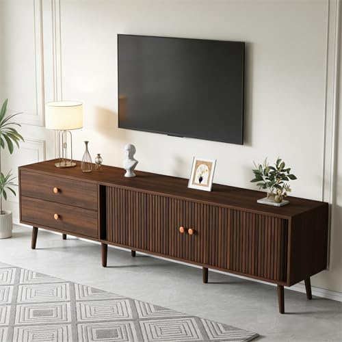 BNUZ Mueble para TV de 180 x 40 x 46,5 cm, aspecto de madera de nogal, con dos cajones, dos puertas enrollables y 7 patas. Adecuado para televisores de hasta 80 pulgadas. Mueble bajo, armario de salón
