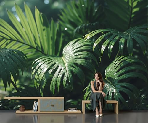 Papel Pintado Hojas De Palma Gotas De Agua, Papel Pintado No Tejido Verde Selva Tropical Plantas, Fotomurales Fácil de instalar, Murales Decoración para Dormitorio Salón Oficina Pasillo - 300 x 210 cm