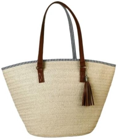 Stråväska Straw Beach Bag Stor Woven Handväska Tote För Kvinnor För Kvinnor(Beige)
