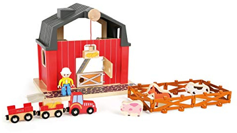 small foot 10800 World Bauernhof aus Holz, mit magnetischem Kran, Trecker mit Anhängern, Zaunmodule und Holztieren, kompatibel mit Allen gängigen Holzeisenbahnen