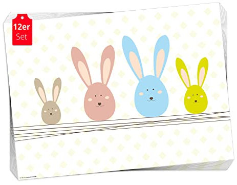 Tischset, Platzset - Bunte Osterhasen - 12 Stück Made in Germany, 44x32cm aus speziellem Naturpapier in Aufbewahrungsmappe – die besondere Tischdeko für Frühling, Ostern & Blumen