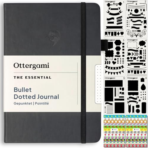 Ottergami Bullet Journal Pointillé A5, 200 Pages, Noir - Carnet de Notes A5, 15 x 21 cm, The Essential Papier 100g/m² Contre les Bavures, avec Élastique - Pochoirs, Autocollants, Porte-Stylo