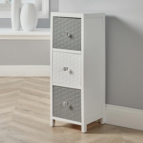 Home Source Chest of Drawers, Wooden Tallboy Storage, Bedroom Bathroom Organiser, Crystal Handles, White and Grey, 3 Drawer