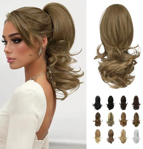 Sofeiyan Pferdeschwanz Haarteil,Haarteil mit Klammer,33 cm Zopf Extension | Langer lockiger Ponytail Extension,Synthetisches Pferdeschwanz-Extensions für Frauen,Goldbraun bis Aschbraun