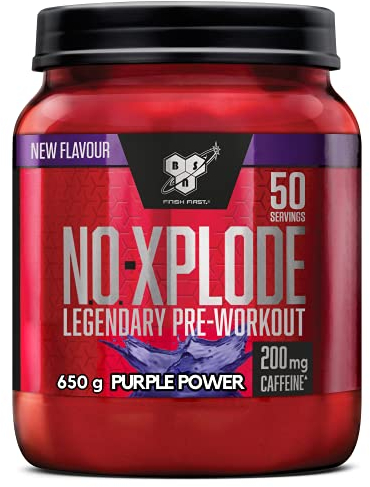 BSN Nutrition N.O.-Xplode Suplemento Alimenticio en Polvo, Apoyo de Energía y Concentración con Cafeína, Aminoácidos, Vitamina C y Zinc, Explosión Púrpura, 50 Porciones, 650 g