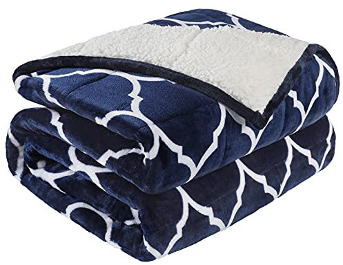 Cottonblue Marokko-Mode-Bedruckte gewichtete Decke aus Sherpa-Fleece, für Erwachsene, doppelseitig, flauschig, flauschig, dick, warm, 152,4 x 203,2 cm, Marineblau