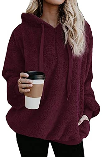 Hormtaer Womens Fleece Hoodie Oversized Jacket Casual Jumper Loose Long Sleeve Coat Winter Sweatshirt Warm Fuzzy Fluffy Zip Tops Pullover with Pockets