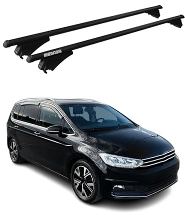 Menabo Dachträger Grundtäger kompatibel mit VW Touran mk2 2015-2025 Aluminium 75kg Schwarz 2tlg Offene Reling für Fahrradträger, Dachboxen, Skiträger Abschließbar