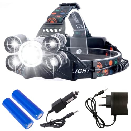 Linterna Frontal Led Recargable, 5 Led de Alta Potencia 4 Modos de Luz, Bateria 6800 Mah, Correa Ajustable para la Cabeza para Running, Camping, Pesca, Trail