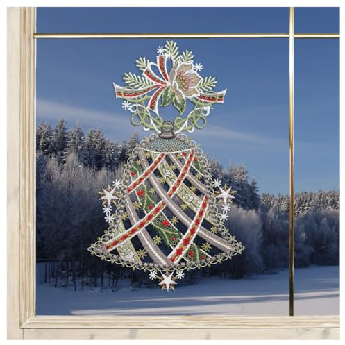 Spitzen-Fensterbild Glocke mit Christrose und Sternen in grau Vogtländische Spitze | festliches gesticktes Wintermotiv mit Lurex-Stickerei 32 x 19 cm
