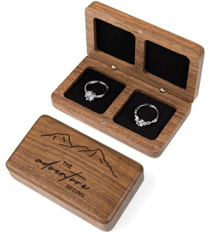 Wislist Wood Ring Box for Wedding Ceremony Slim Case - 2 Engagement Rings Gift Box Wooden Ring Bearer Holder for Fiance Keepsake(Engraved-The Adventure Begins)