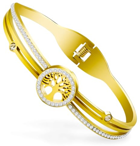 AURSTORE Bracelet Arbre de Vie Bracelet avec des Cristaux, Bracelet Femme Cadeau Fête des Mères Anniversaire Maman Femme 19cm (Or)