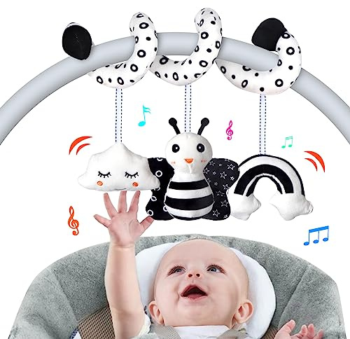 SAMMAS Car Seat Toys, Infant Baby Spiral Activity Hanging Toys Stroller Toys for Car Seat Stroller Bar Crib Bassinet Mobile with BB Squeaker and Rattles (Bee)