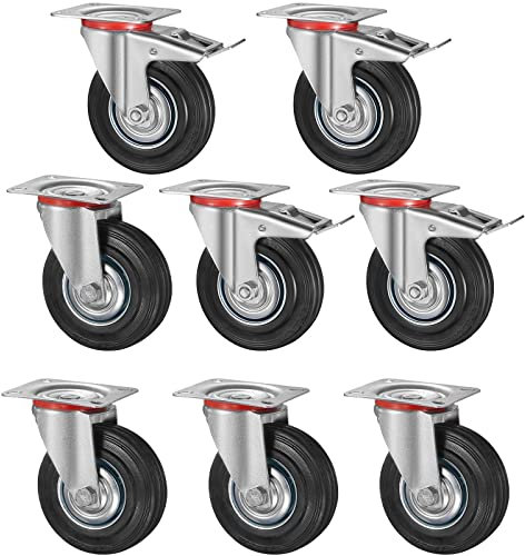 Lot de 8 roulettes pivotantes pour charges lourdes - 200 mm - Avec frein - Jusqu'à 650 kg - Pour meubles - Rotation à 360° - Pas de bruit (4 roulettes de frein, 4 roulettes pivotantes)