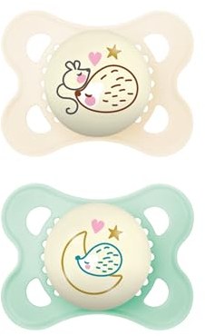 MAM Latex Original Night Soothers | 0-6 Months | Glow in The Dark Dummies | Comes in Dummy Steriliser Case | Baby Accessories for Newborn | Green/Cream (Various Designs)