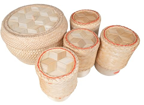 CCcollections Bambus-Sticky-Rice-Korb-Set – Handgefertigter, hitzebeständiger Korb mit Deckel für weichen Reis – Dämpfer-Set mit 4 Körben – Verschiedene Optionen für Zuhause & Restaurants