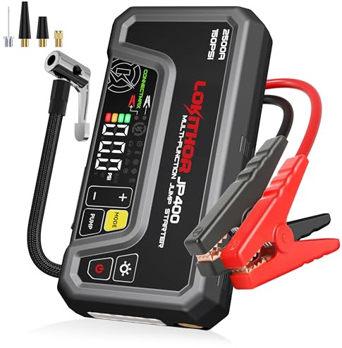 LOKITHOR JP400 Auto Starthilfe Powerbank 2500A mit 150 PSI Kompressor | 150 PSI Luftkompressor & LED-Licht, Für Benziner bis 8,5L & Diesel bis 6,5L