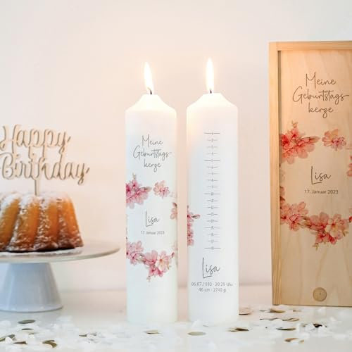 Geburtstagskerze Kirschblüte rosa, Geburtskerze personalisiert, Geburtstagskerze mit Geburtstagsskala, 1.-18. Geburtstag, Geschenk zum Geburtstag, Kerze Geburtstag, Lebenskerze