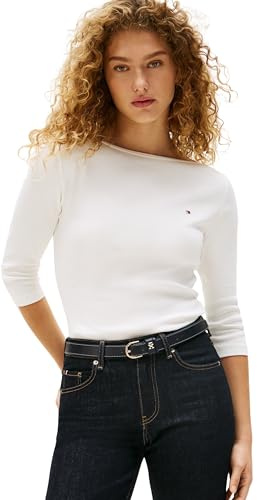 Tommy Hilfiger Donna Maglietta Maniche Lunghe New Cody Slim Scollo a Barca, Bianco (NOS Ecru), S
