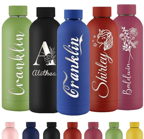 Xihedfd Personalisierte Trinkflasche Gravur Wasserflasche mit Namen Individuell Rostfreier Edelstahl Metall 500 ml Thermosflasche für Schule Büro Sport