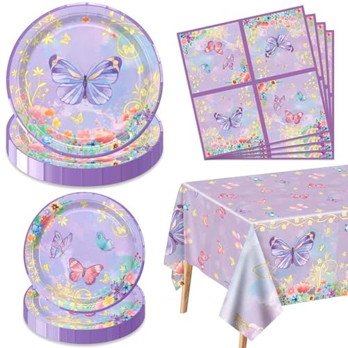 61 Stück Schmetterling Geburtstag Dekorationen - Lila Party Teller, Servietten und Blumenfee Tischdecke für Feen Geburtstag, Dekorationen und Party Supplies
