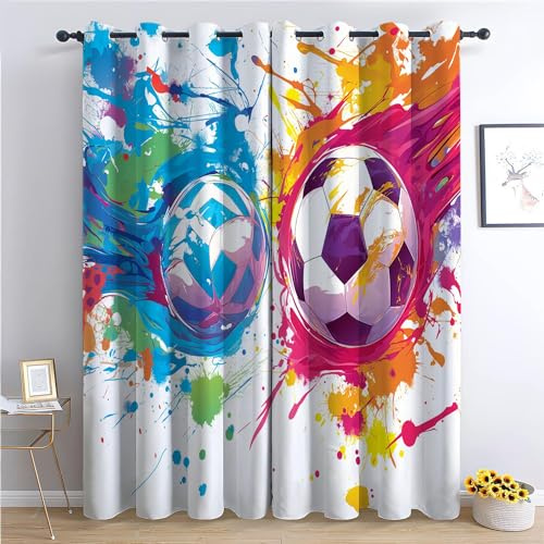 CozyRest Vorhang Blickdicht ösen 2er Set Farbenfroher Fußball Muster Gardine Lichtundurchlässig Fenstervorhang Wohnzimmer Graffiti Vorhänge Größe: H 230 x B 117 cm