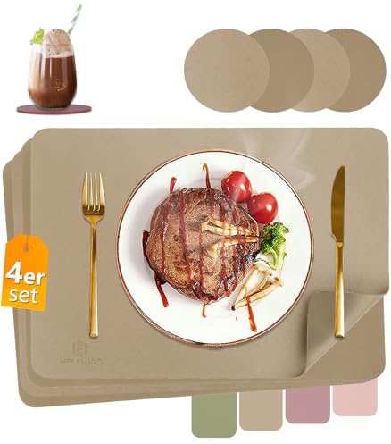 HELI MIAO Tischsets Abwaschbar,Platzsets Abwischbar, Leder,Hitzebeständig Doppelseitigen I 4er Set Platzdeckchen Lederoptik mit Untersetzer,Tischuntersetzer rutschfest,Gold