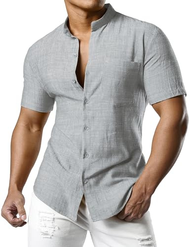 JOGAL - Camicia da uomo in lino a maniche corte, vestibilità normale, estiva, con abbottonatura Button Down, per il tempo libero, grigio., L