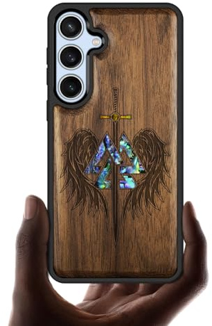 Carveit Designer Wooden Case for Samsung Galaxy S24 FE Case Cover [Wood Engraving & Shell Inlay] Compatible with Wireless Chargers S24 FE (Wings of Valor Essence-Walnut)