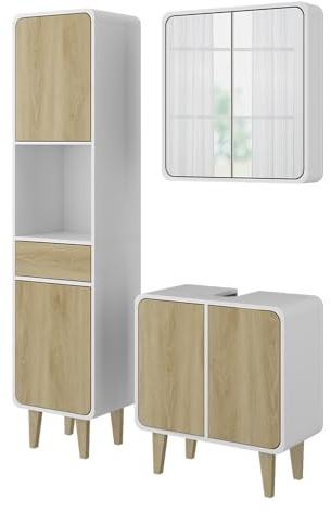 Vicco Badmöbel-Set Arla, Weiß/Eiche, 60 cm, besteht aus Waschbeckenunterschrank inkl. Waschbecken, Hochschrank und Badspiegel
