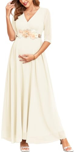 AISWI Umstandskleid mit 3/4-Ärmeln, Blattspitze, Kontrast-Chiffon, V-Ausschnitt, Wickeln, A-Linie, fließendes Schwangerschaftskleid für Babyparty